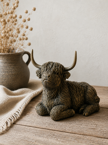 schotse hooglander beeld, hooglander decoratie, koe beeld landelijk, stoer en sober interieur, aura peeperkorn stijl, hoffz stijl, landelijke woonaccessoires, koe beeld polystone, decoratie beeld koe, 